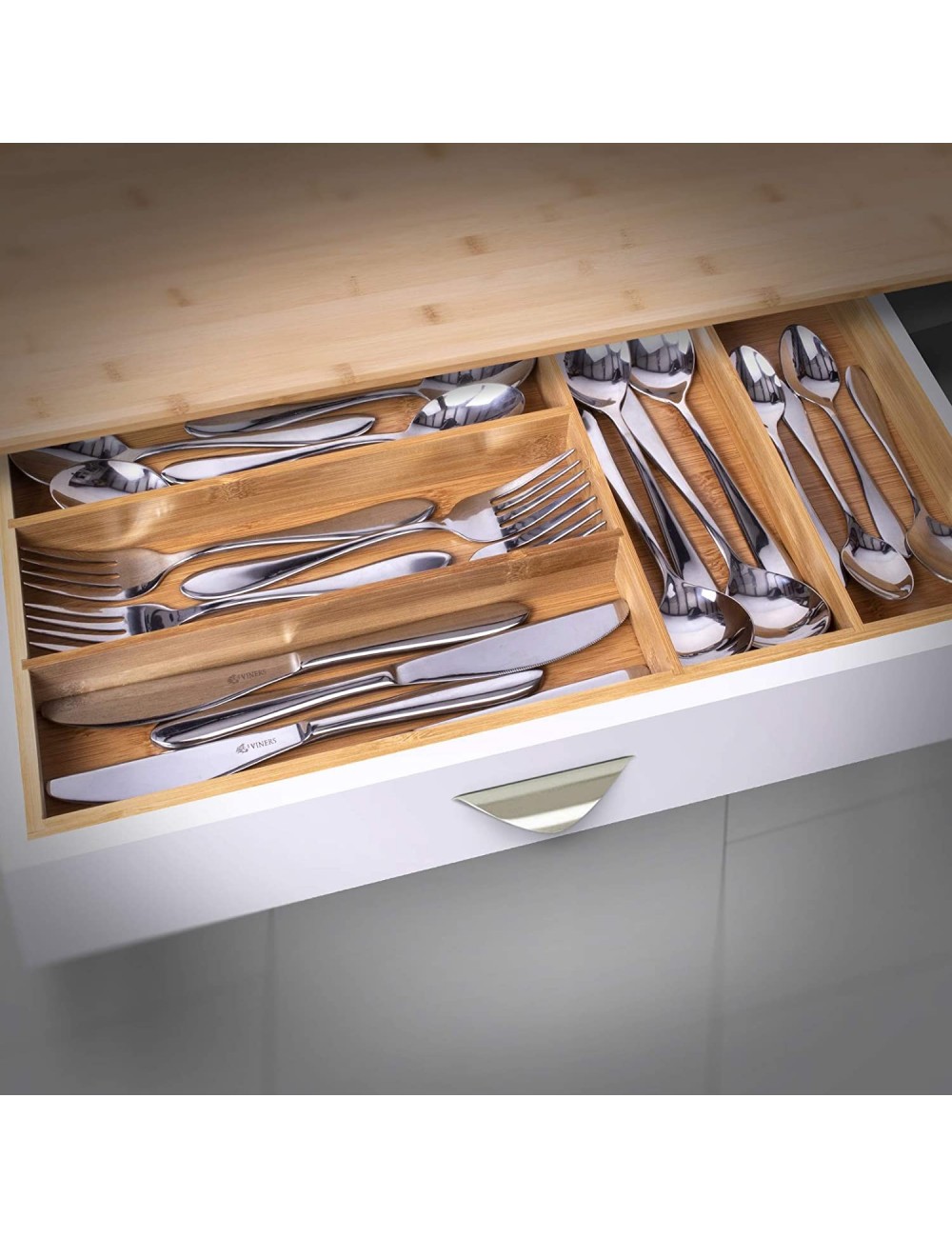 iFCOW Organizador de cajones de bambú con 5 compartimentos para cubiertos y utensilios bandeja de cocina y cajón divisor 